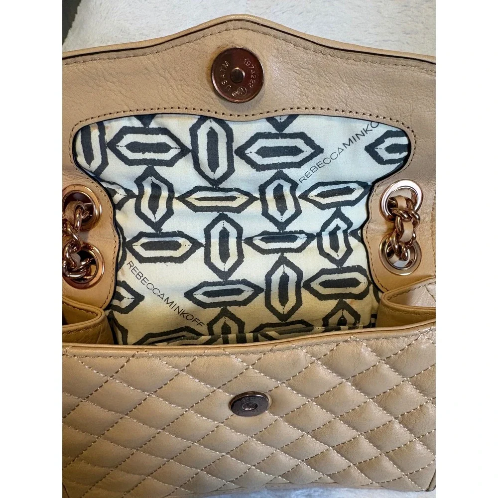 Rebecca Minkoff Affair Quilted Tan Leather Crossbody Bag Rose Gold Chain Strap